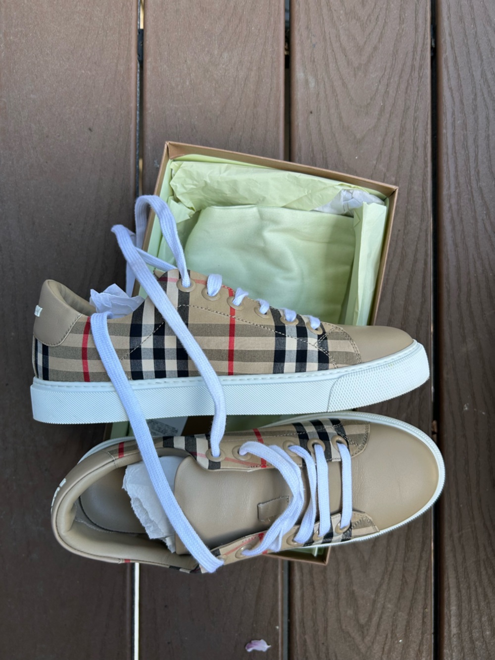 Burberry Beige/Tan Check Leather Low-Top Sneakers with White Soles